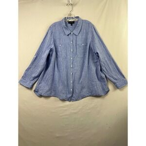 Lane Bryant Button Down Shirt Women 22/24 Blue Linen Cotton Roll Tab Excellent